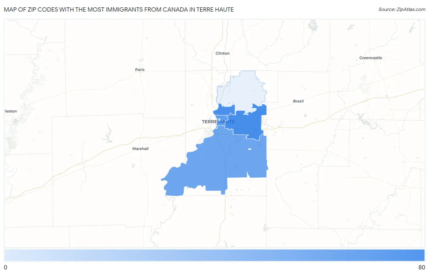 Zip Codes with the Most Immigrants from Canada in Terre Haute Map
