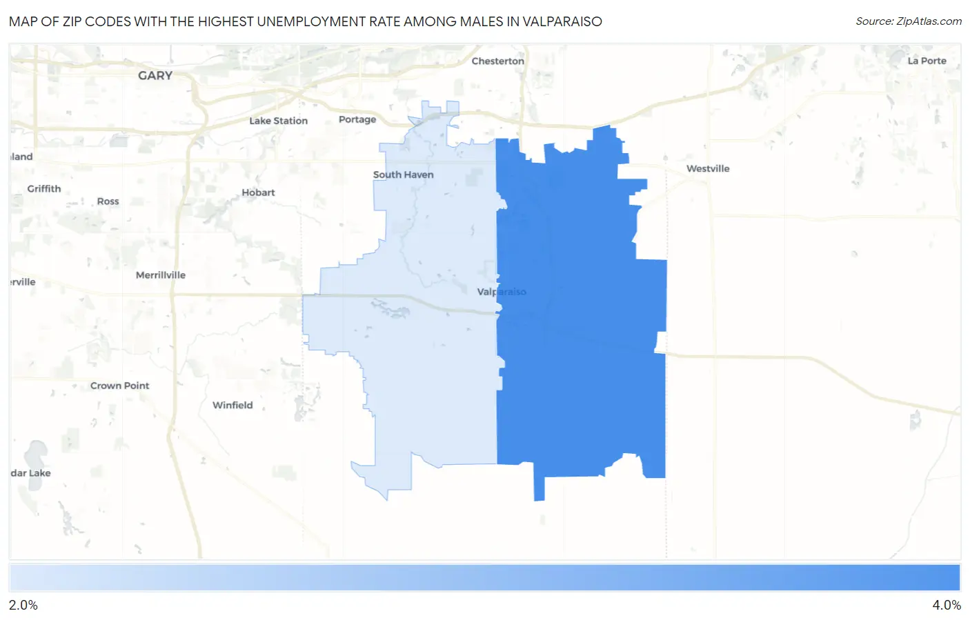 Zip Codes with the Highest Unemployment Rate Among Males in Valparaiso Map