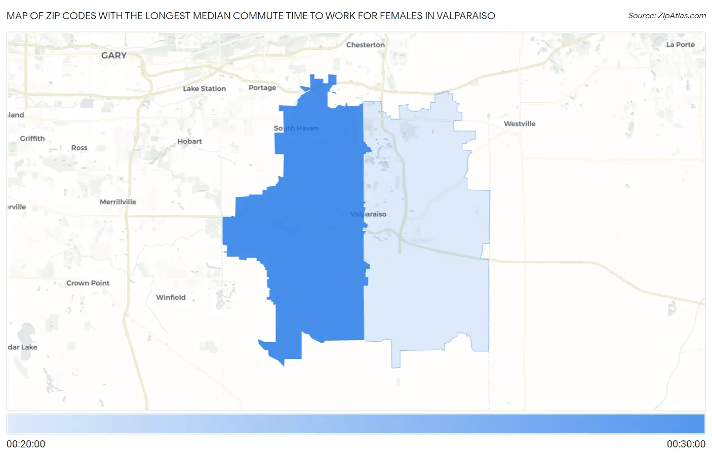 Zip Codes with the Longest Median Commute Time to Work for Females in Valparaiso Map