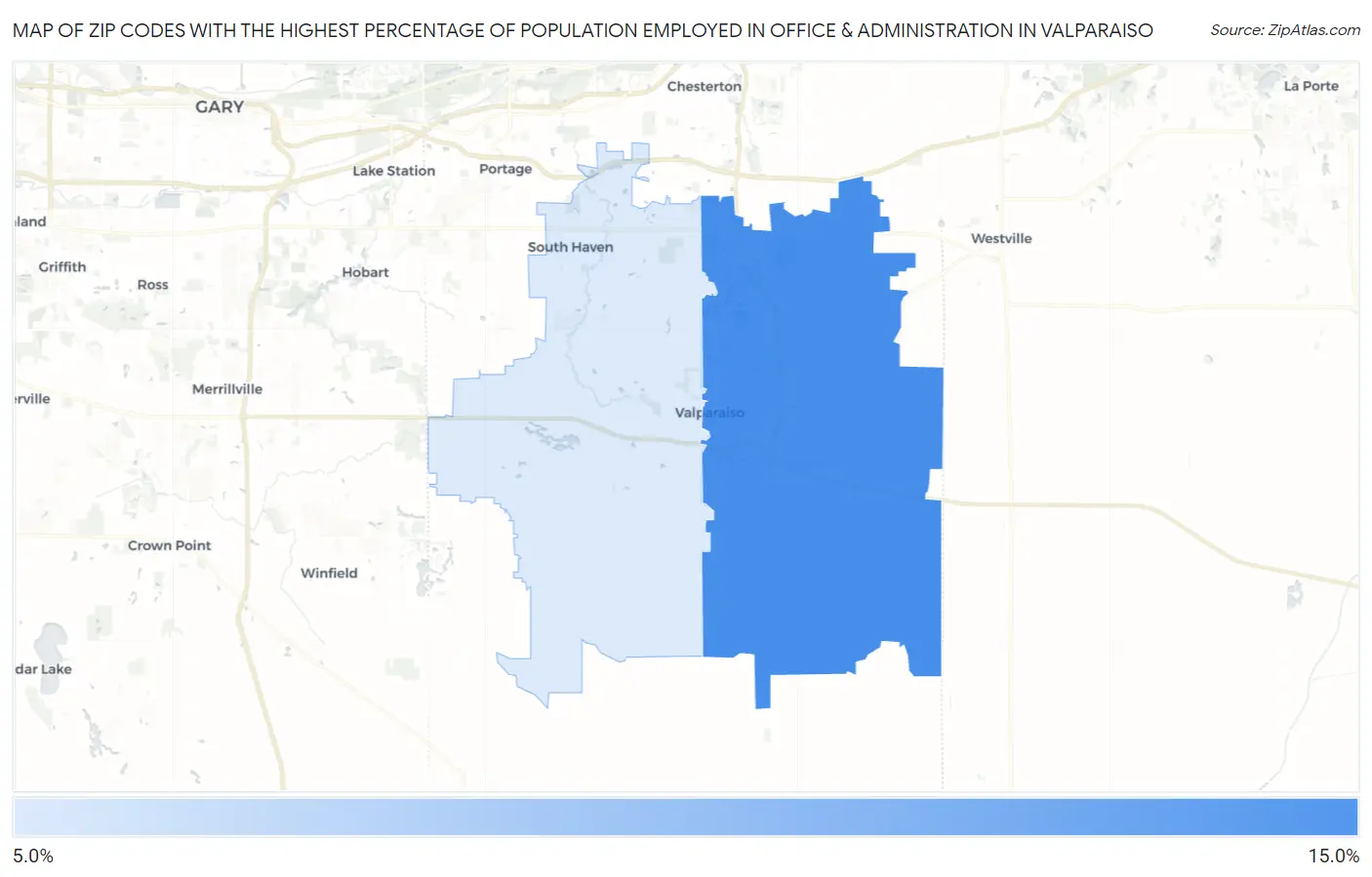 Zip Codes with the Highest Percentage of Population Employed in Office & Administration in Valparaiso Map