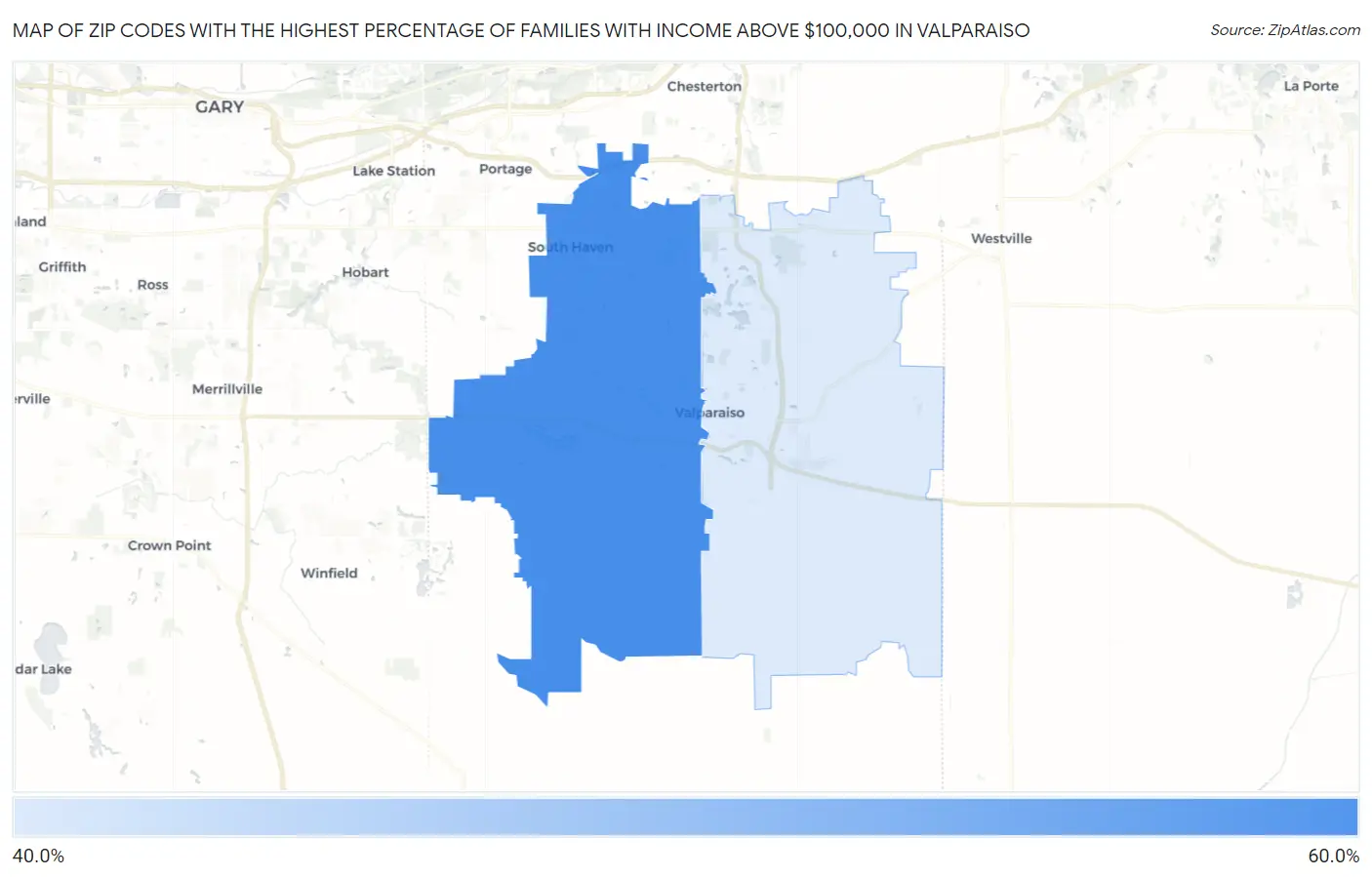Zip Codes with the Highest Percentage of Families with Income Above $100,000 in Valparaiso Map
