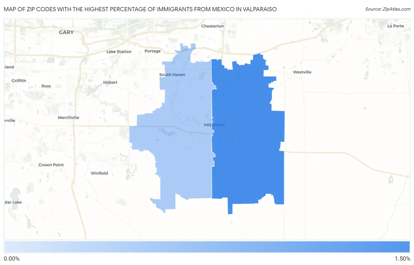 Zip Codes with the Highest Percentage of Immigrants from Mexico in Valparaiso Map