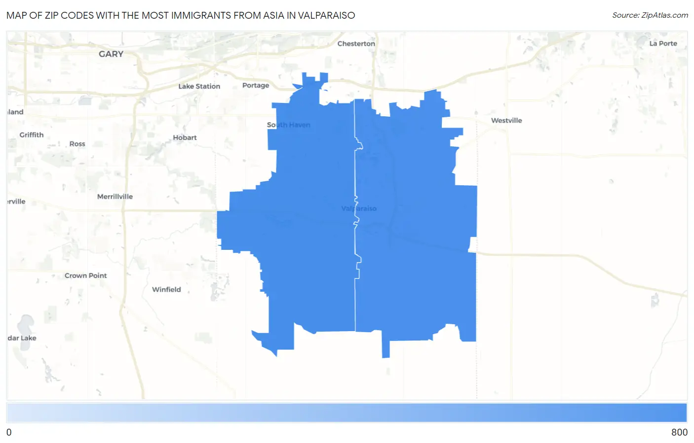 Zip Codes with the Most Immigrants from Asia in Valparaiso Map
