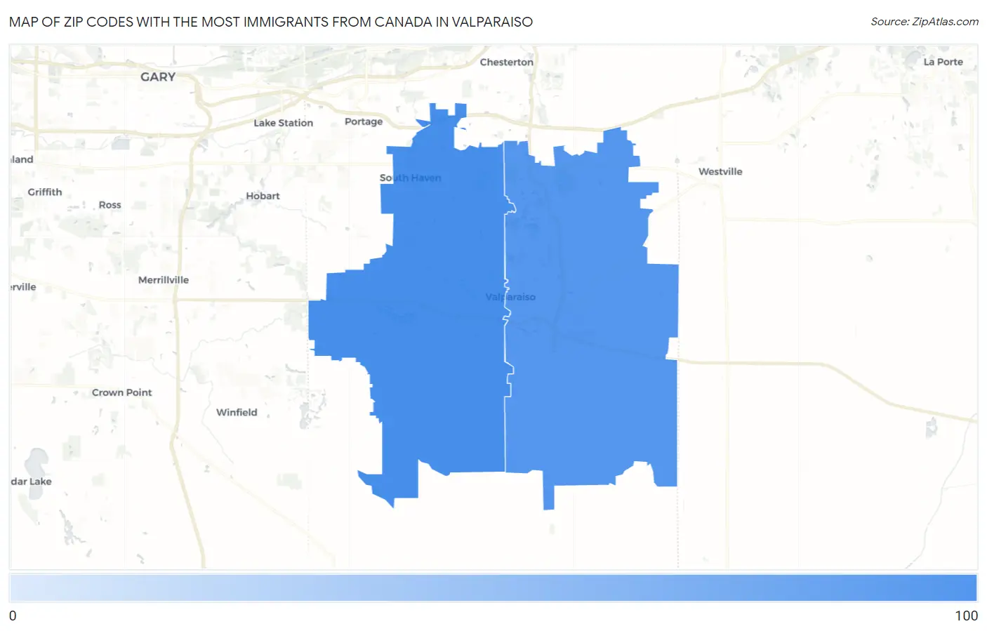 Zip Codes with the Most Immigrants from Canada in Valparaiso Map