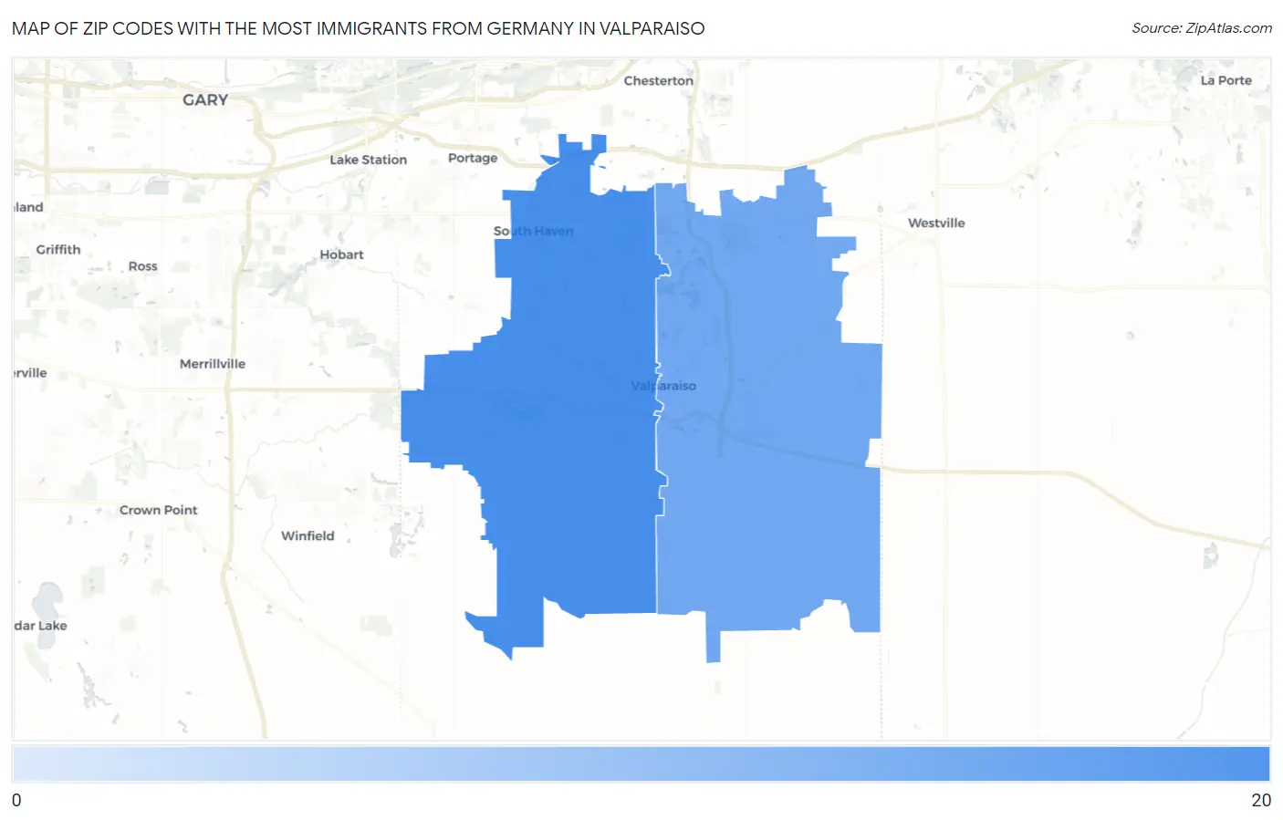 Zip Codes with the Most Immigrants from Germany in Valparaiso Map