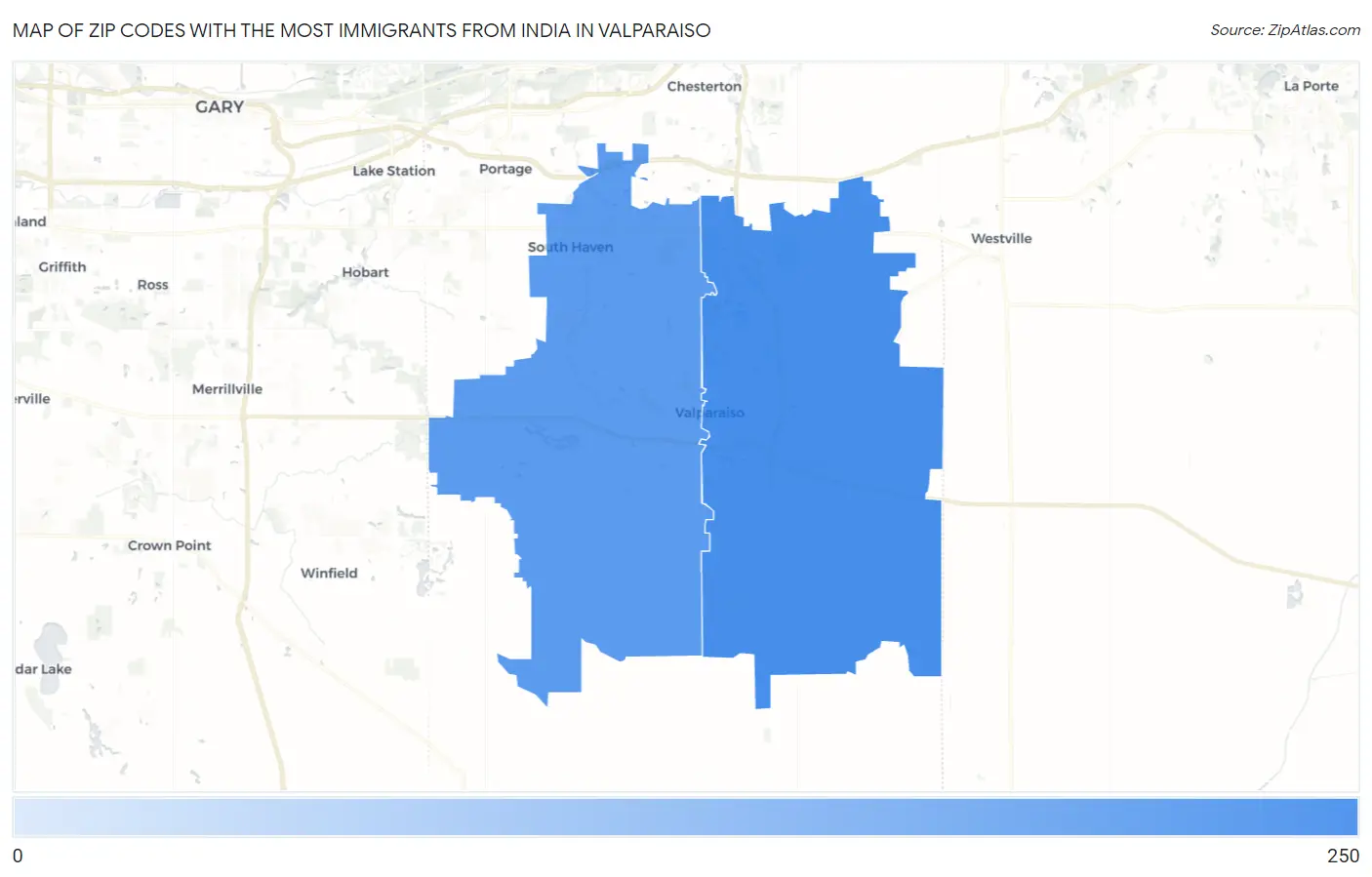 Zip Codes with the Most Immigrants from India in Valparaiso Map