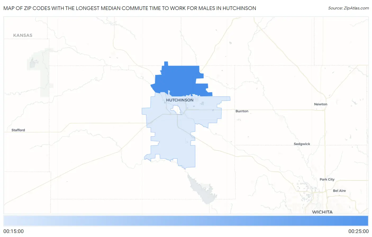 Zip Codes with the Longest Median Commute Time to Work for Males in Hutchinson Map