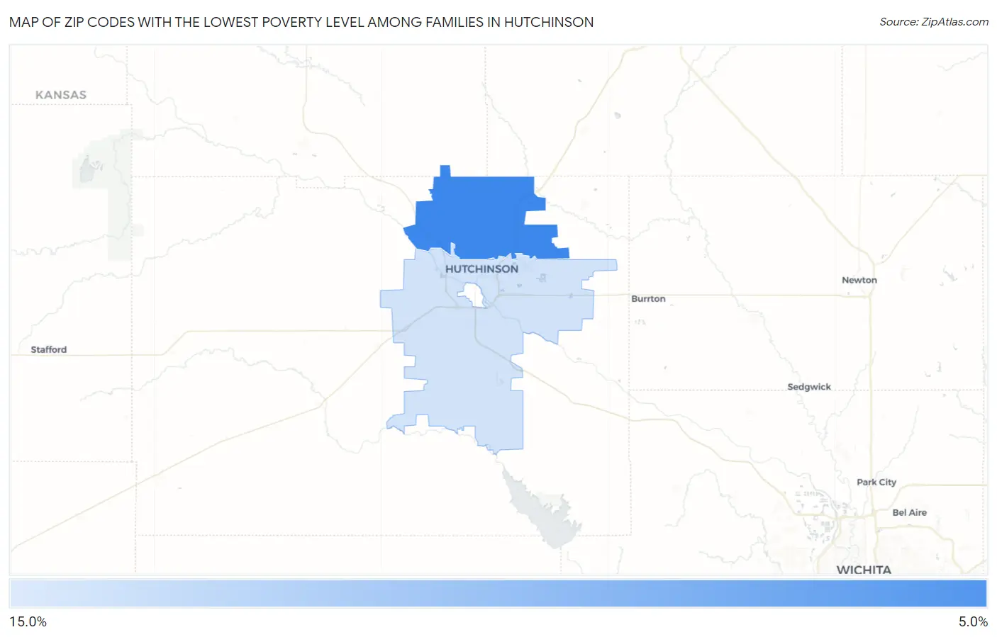 Zip Codes with the Lowest Poverty Level Among Families in Hutchinson Map