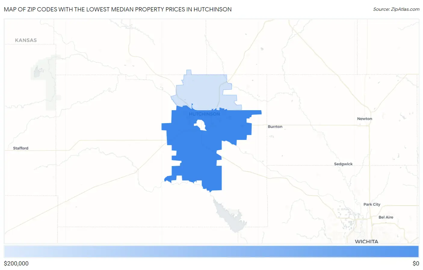 Zip Codes with the Lowest Median Property Prices in Hutchinson Map
