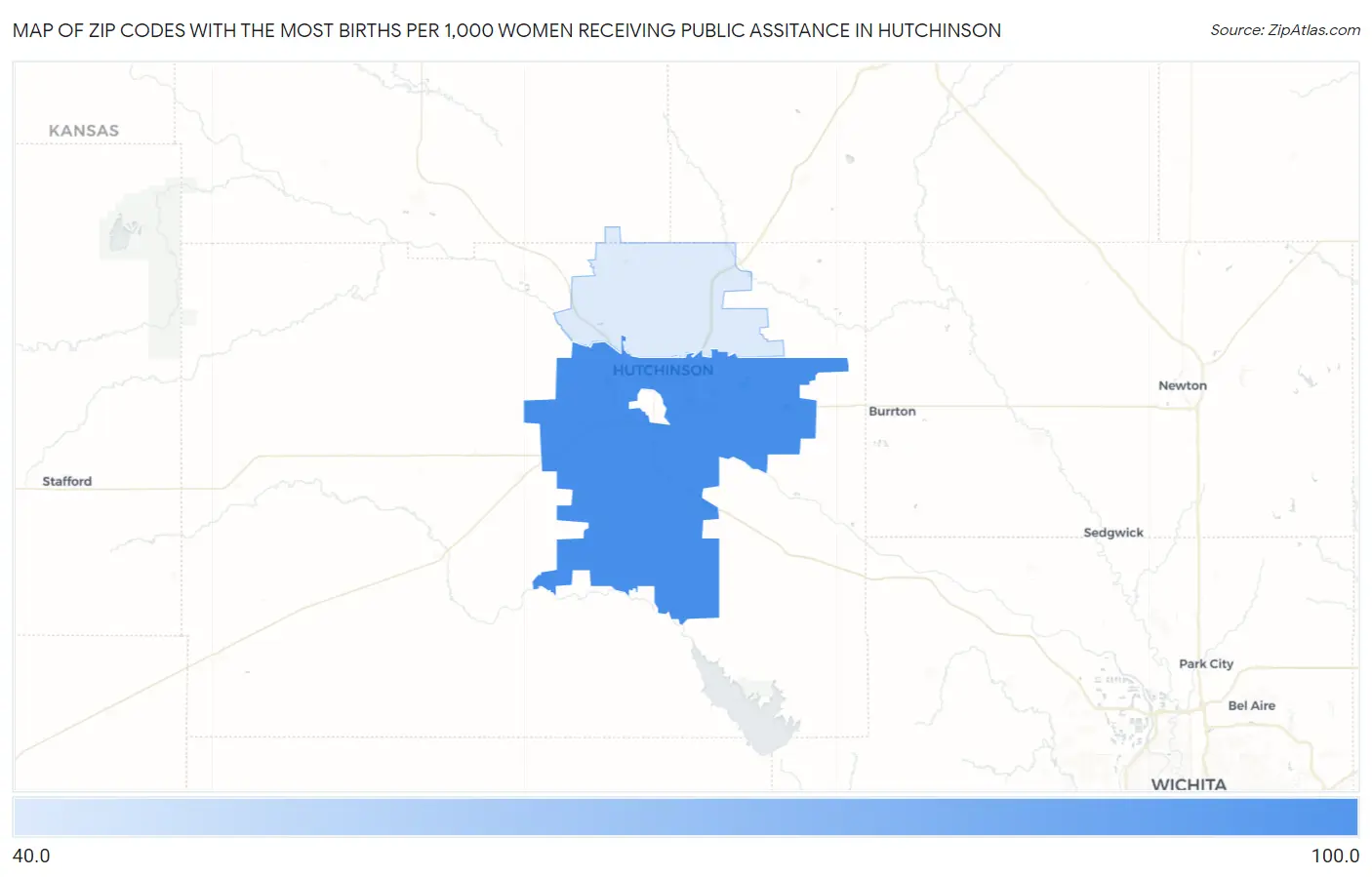Zip Codes with the Most Births per 1,000 Women Receiving Public Assitance in Hutchinson Map