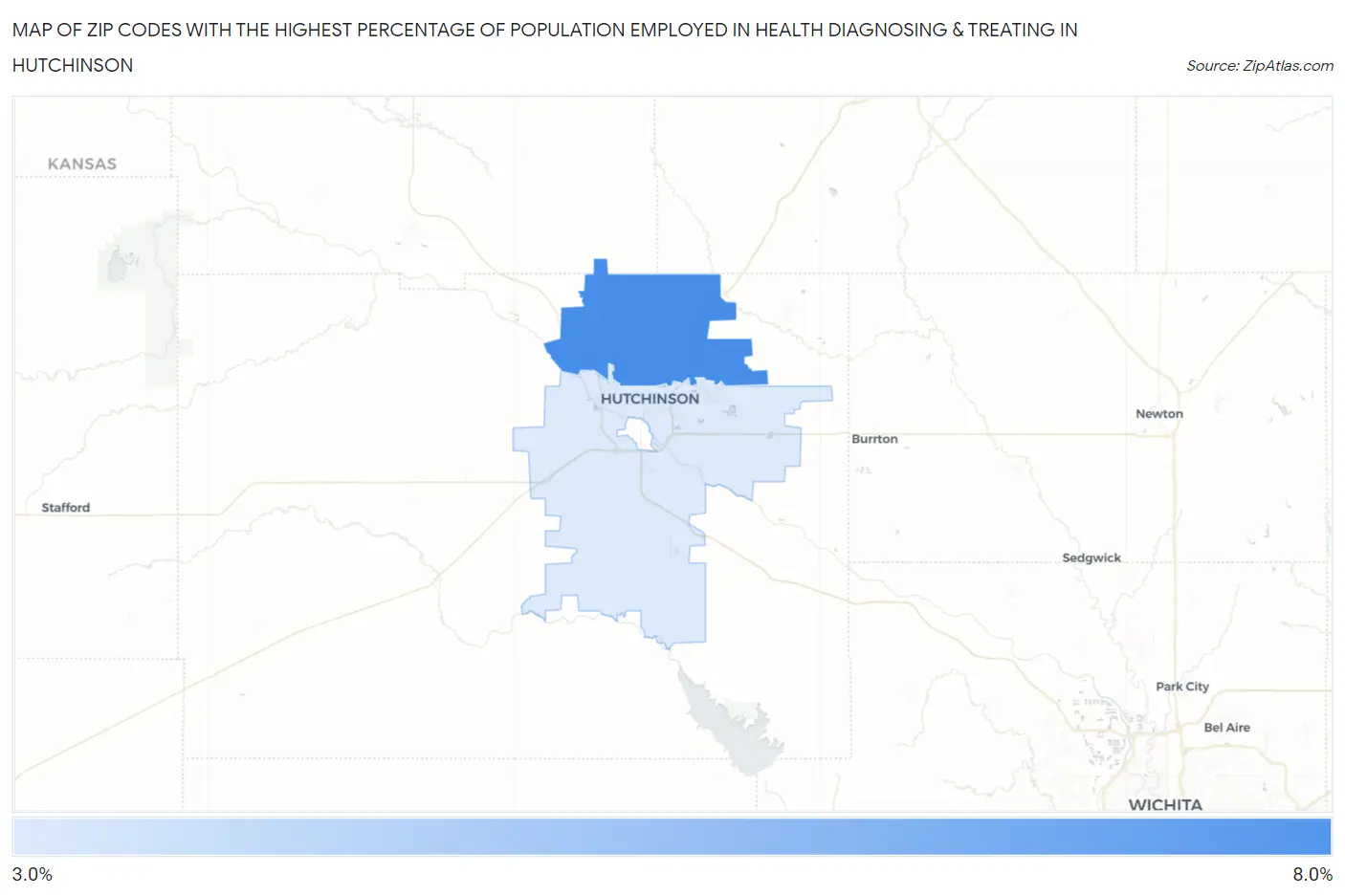 Zip Codes with the Highest Percentage of Population Employed in Health Diagnosing & Treating in Hutchinson Map