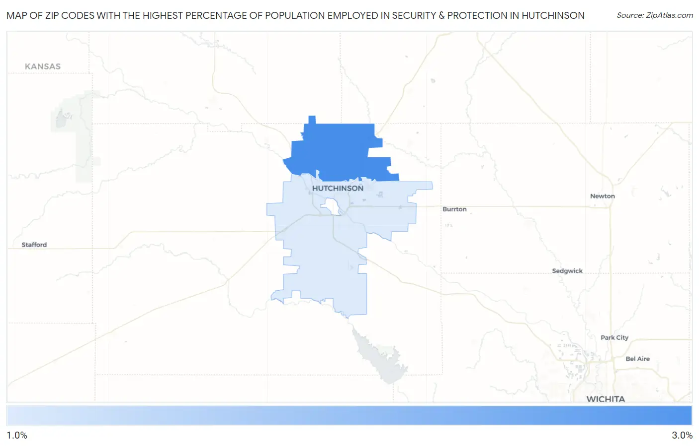 Zip Codes with the Highest Percentage of Population Employed in Security & Protection in Hutchinson Map