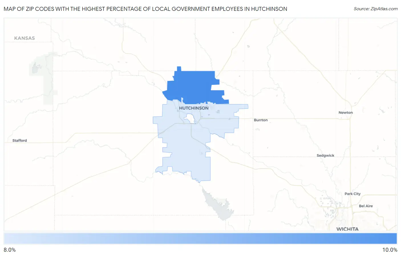 Zip Codes with the Highest Percentage of Local Government Employees in Hutchinson Map