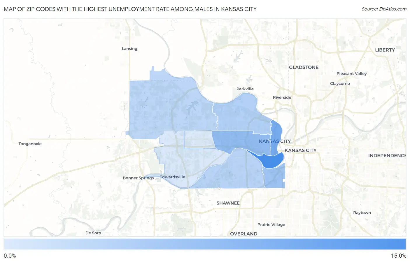 Zip Codes with the Highest Unemployment Rate Among Males in Kansas City Map