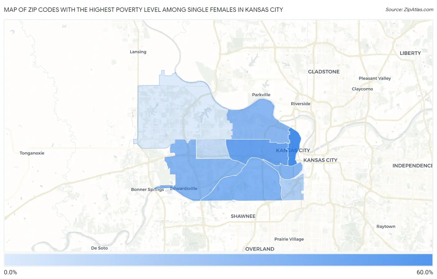 Zip Codes with the Highest Poverty Level Among Single Females in Kansas City Map