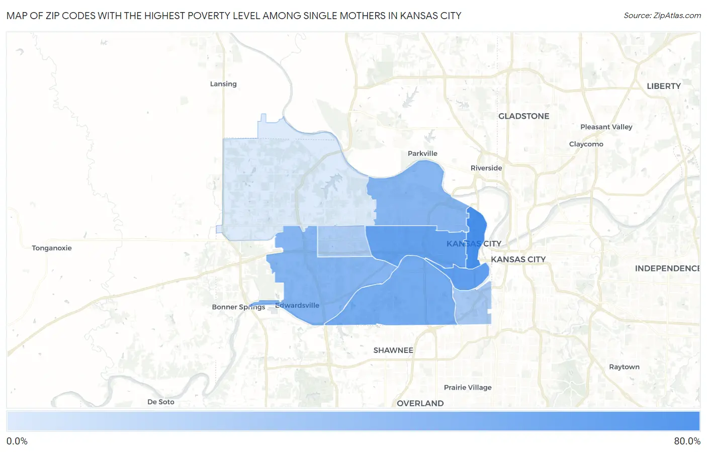 Zip Codes with the Highest Poverty Level Among Single Mothers in Kansas City Map
