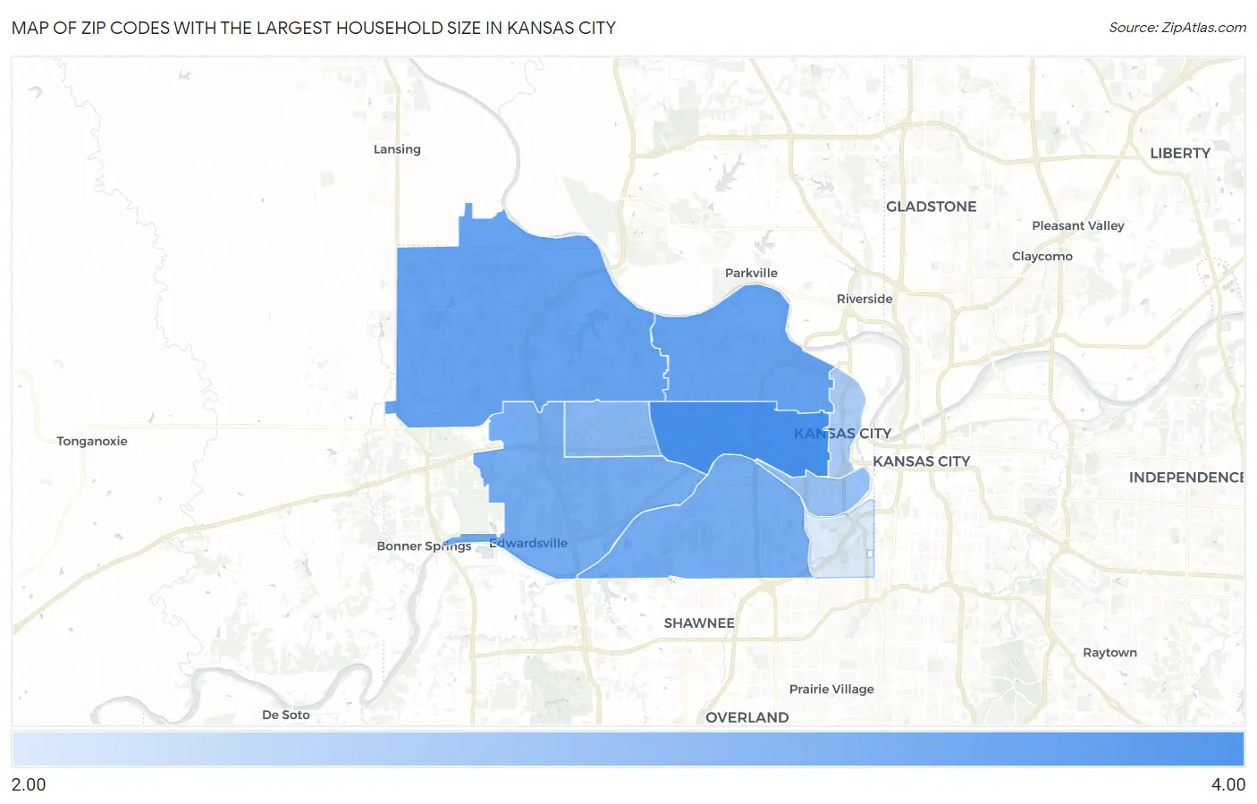 Zip Codes with the Largest Household Size in Kansas City Map