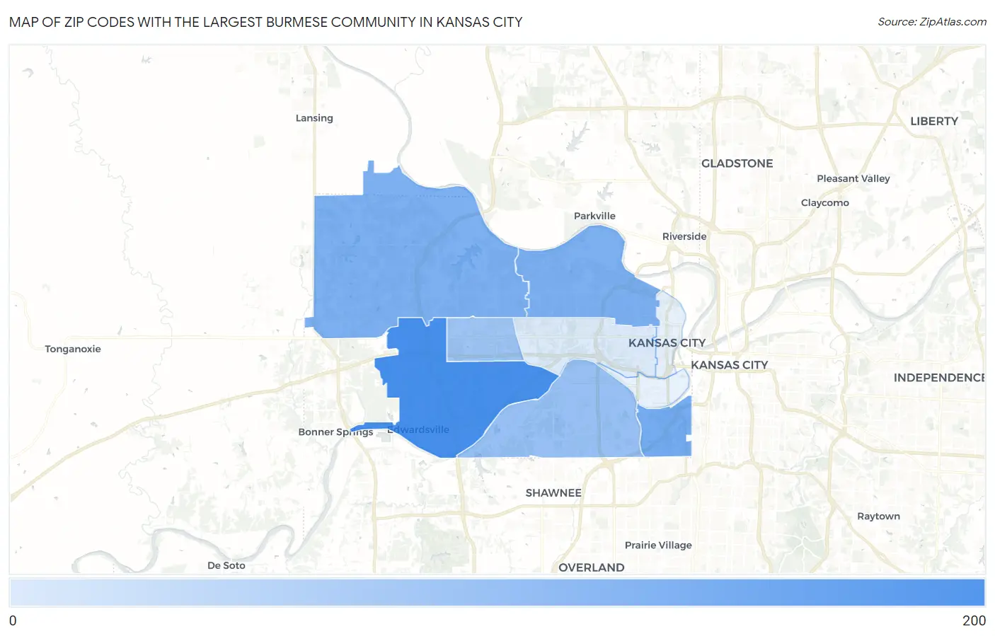 Zip Codes with the Largest Burmese Community in Kansas City Map