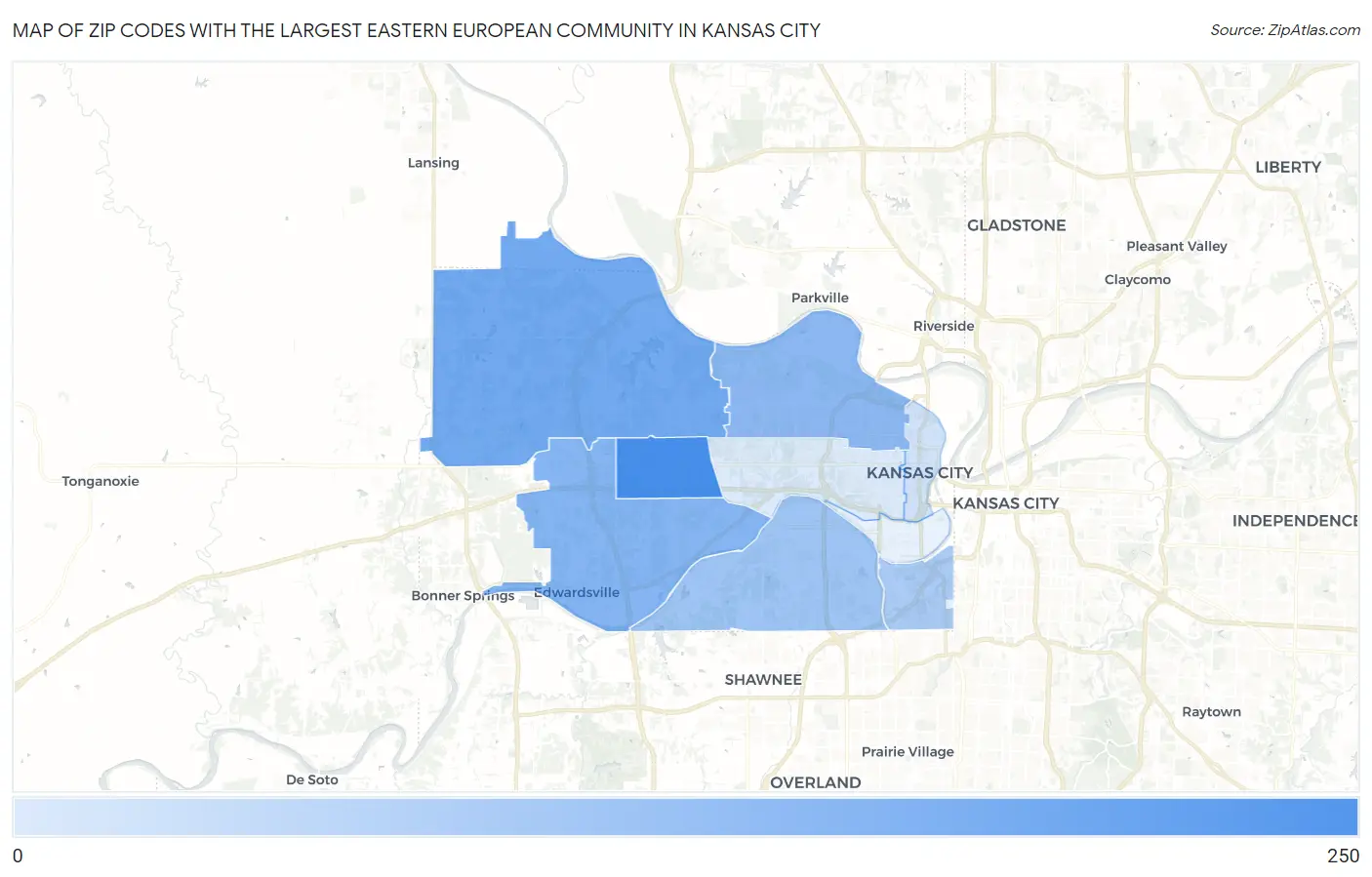 Zip Codes with the Largest Eastern European Community in Kansas City Map