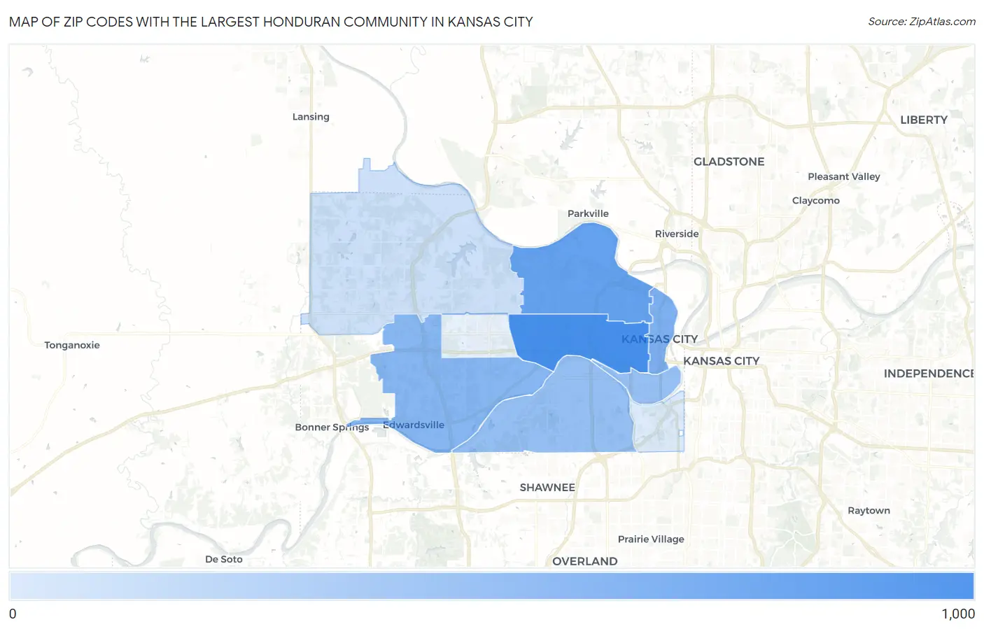 Zip Codes with the Largest Honduran Community in Kansas City Map