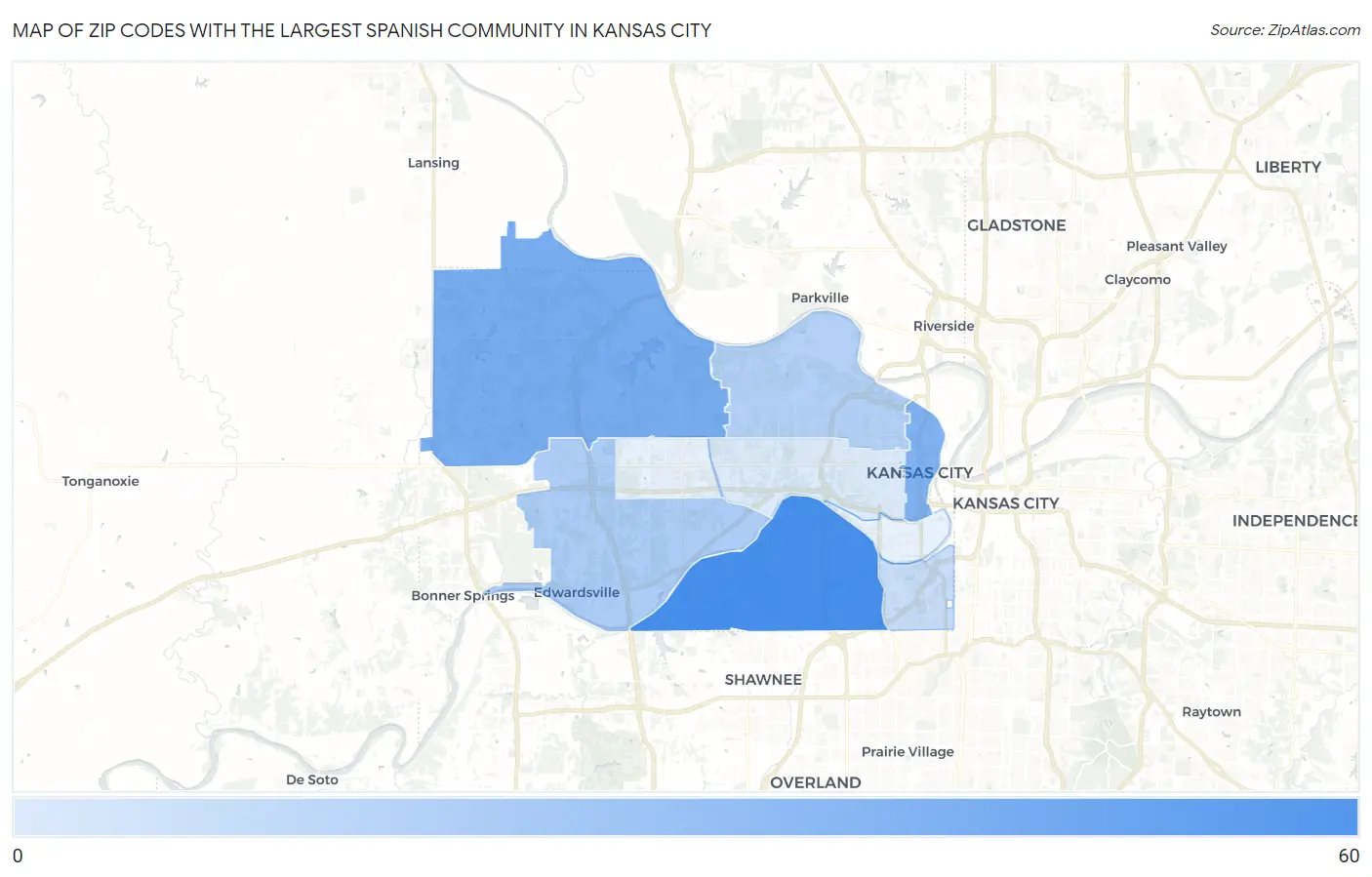 Zip Codes with the Largest Spanish Community in Kansas City Map