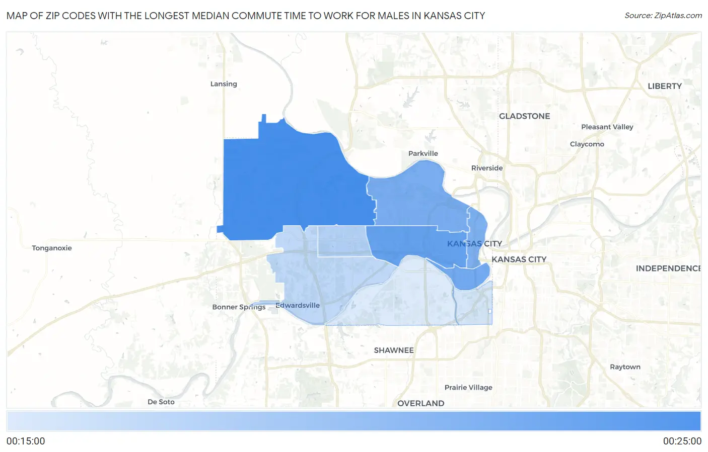 Zip Codes with the Longest Median Commute Time to Work for Males in Kansas City Map
