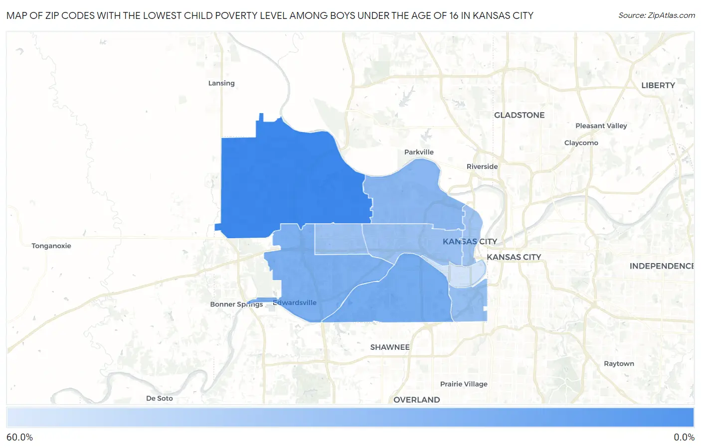 Zip Codes with the Lowest Child Poverty Level Among Boys Under the Age of 16 in Kansas City Map