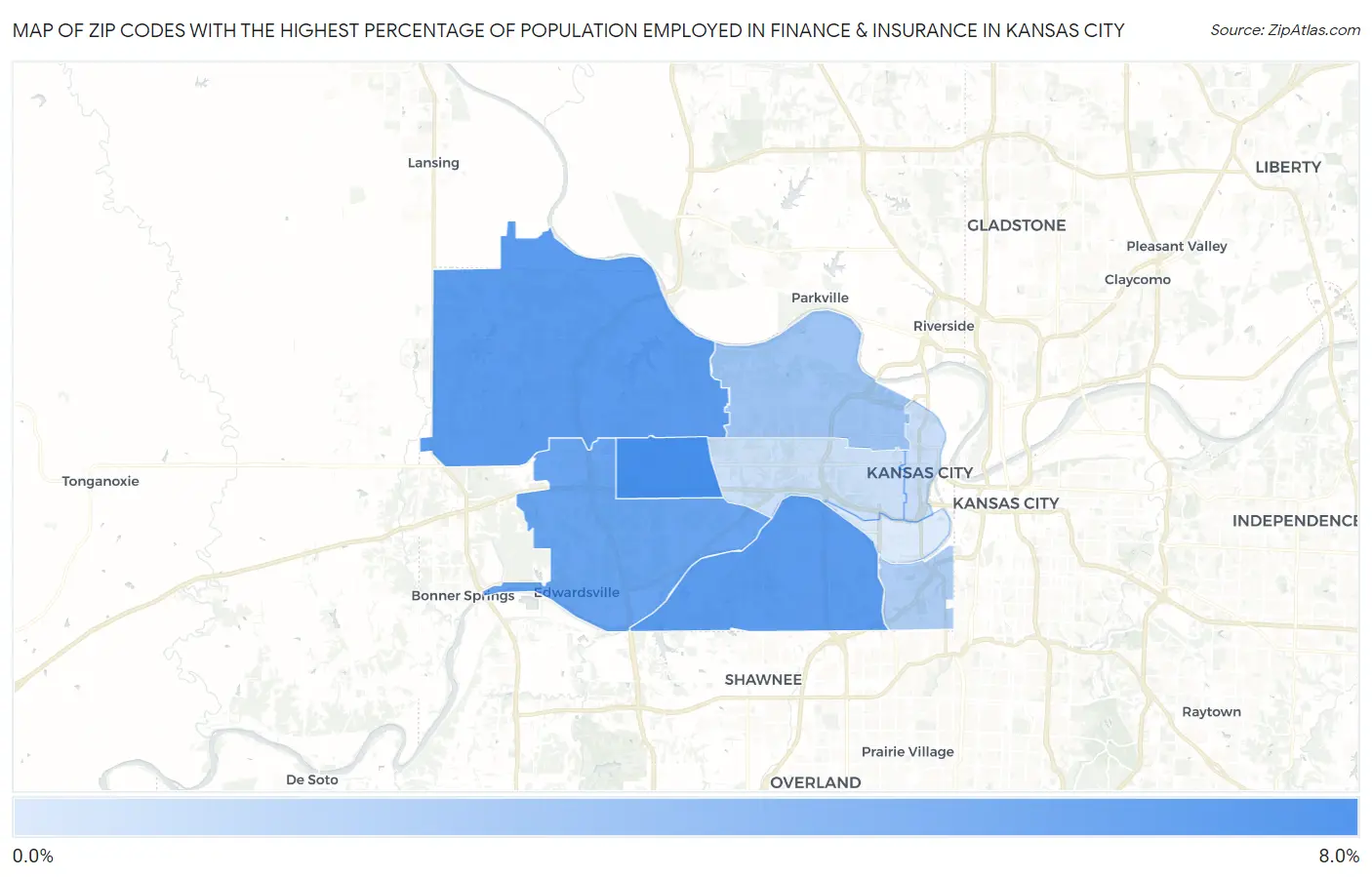 Zip Codes with the Highest Percentage of Population Employed in Finance & Insurance in Kansas City Map