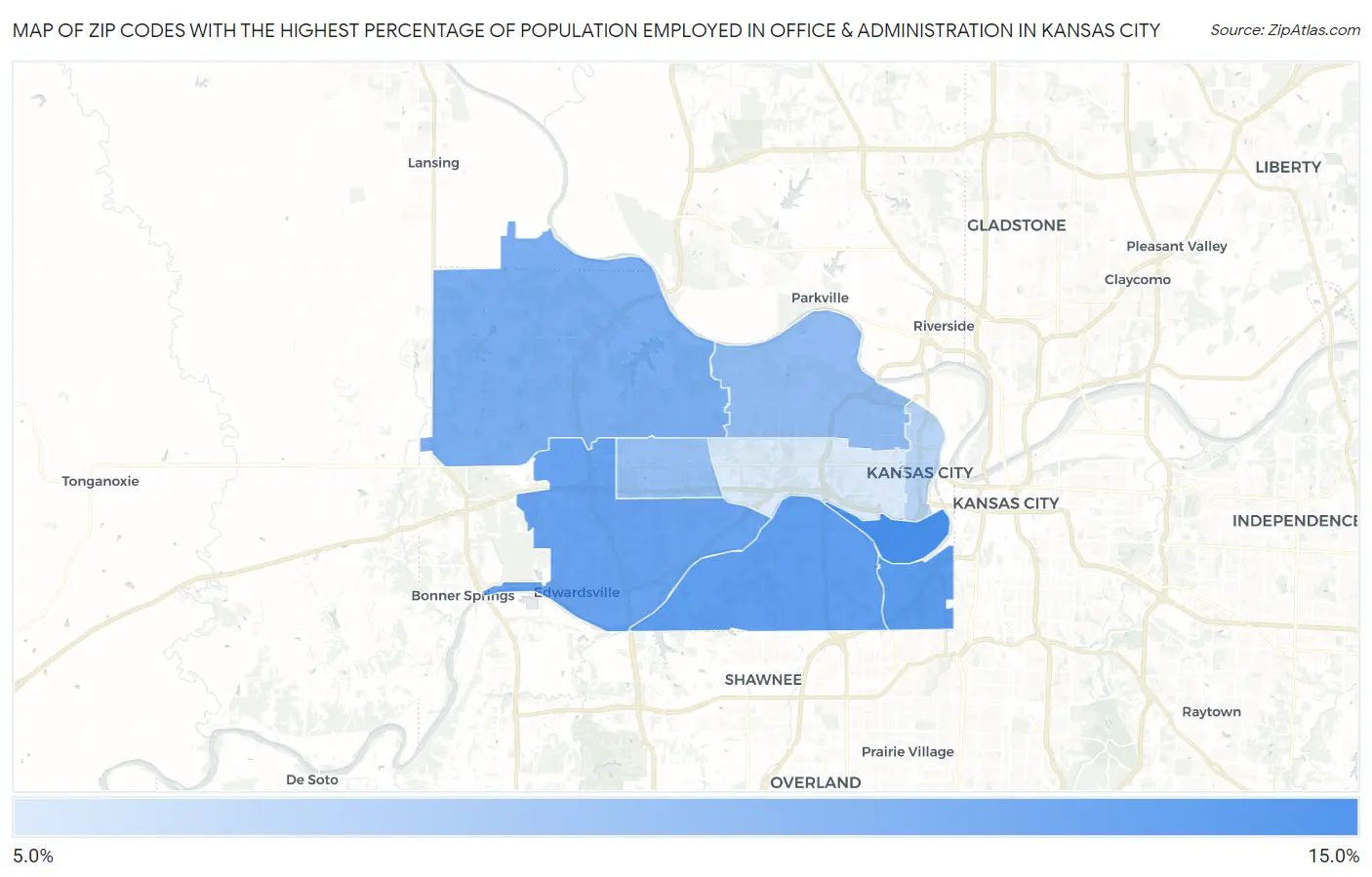 Zip Codes with the Highest Percentage of Population Employed in Office & Administration in Kansas City Map