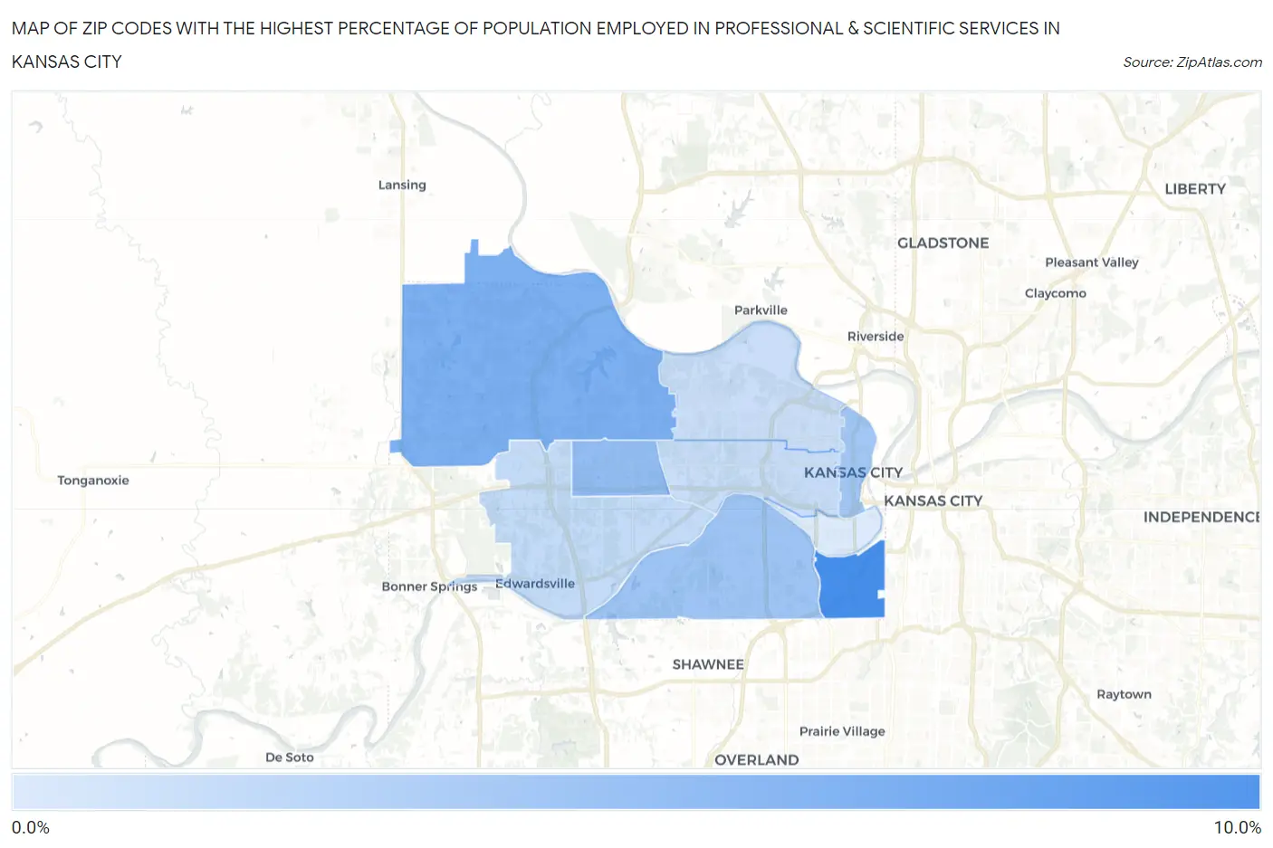 Zip Codes with the Highest Percentage of Population Employed in Professional & Scientific Services in Kansas City Map