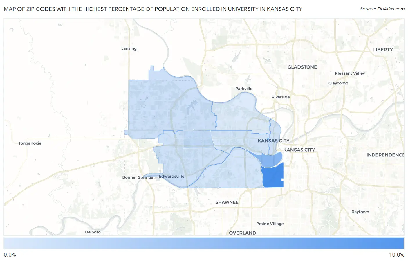 Zip Codes with the Highest Percentage of Population Enrolled in University in Kansas City Map