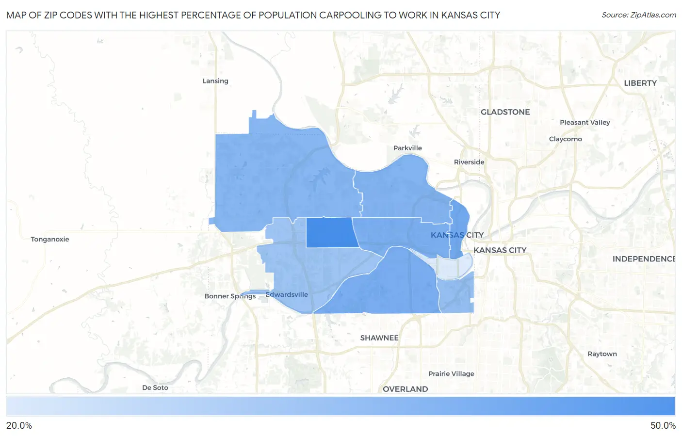 Zip Codes with the Highest Percentage of Population Carpooling to Work in Kansas City Map