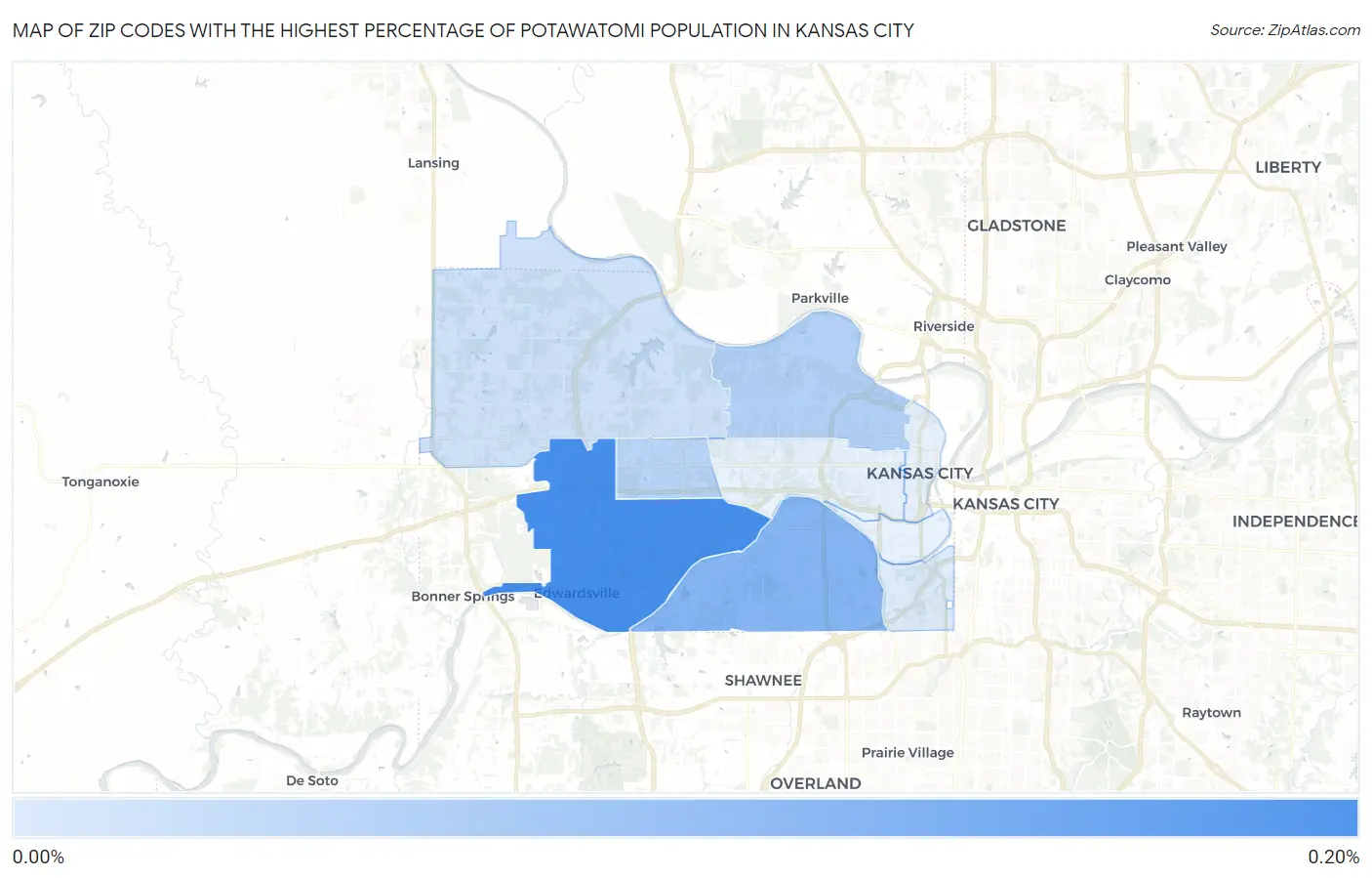 Zip Codes with the Highest Percentage of Potawatomi Population in Kansas City Map