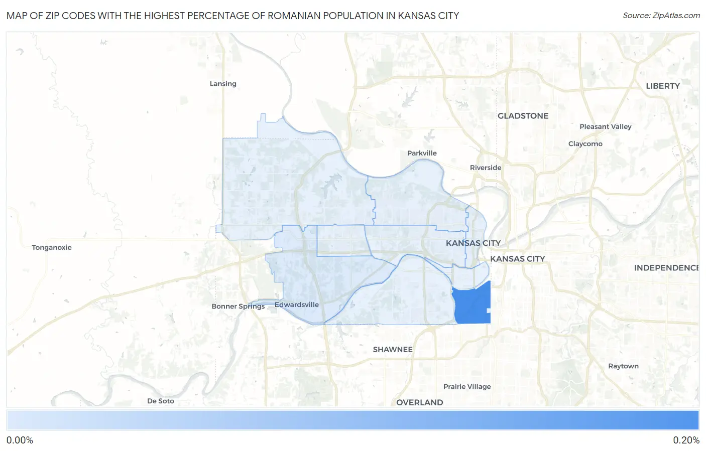 Zip Codes with the Highest Percentage of Romanian Population in Kansas City Map