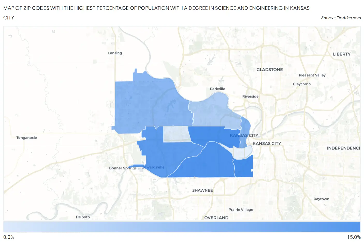 Zip Codes with the Highest Percentage of Population with a Degree in Science and Engineering in Kansas City Map