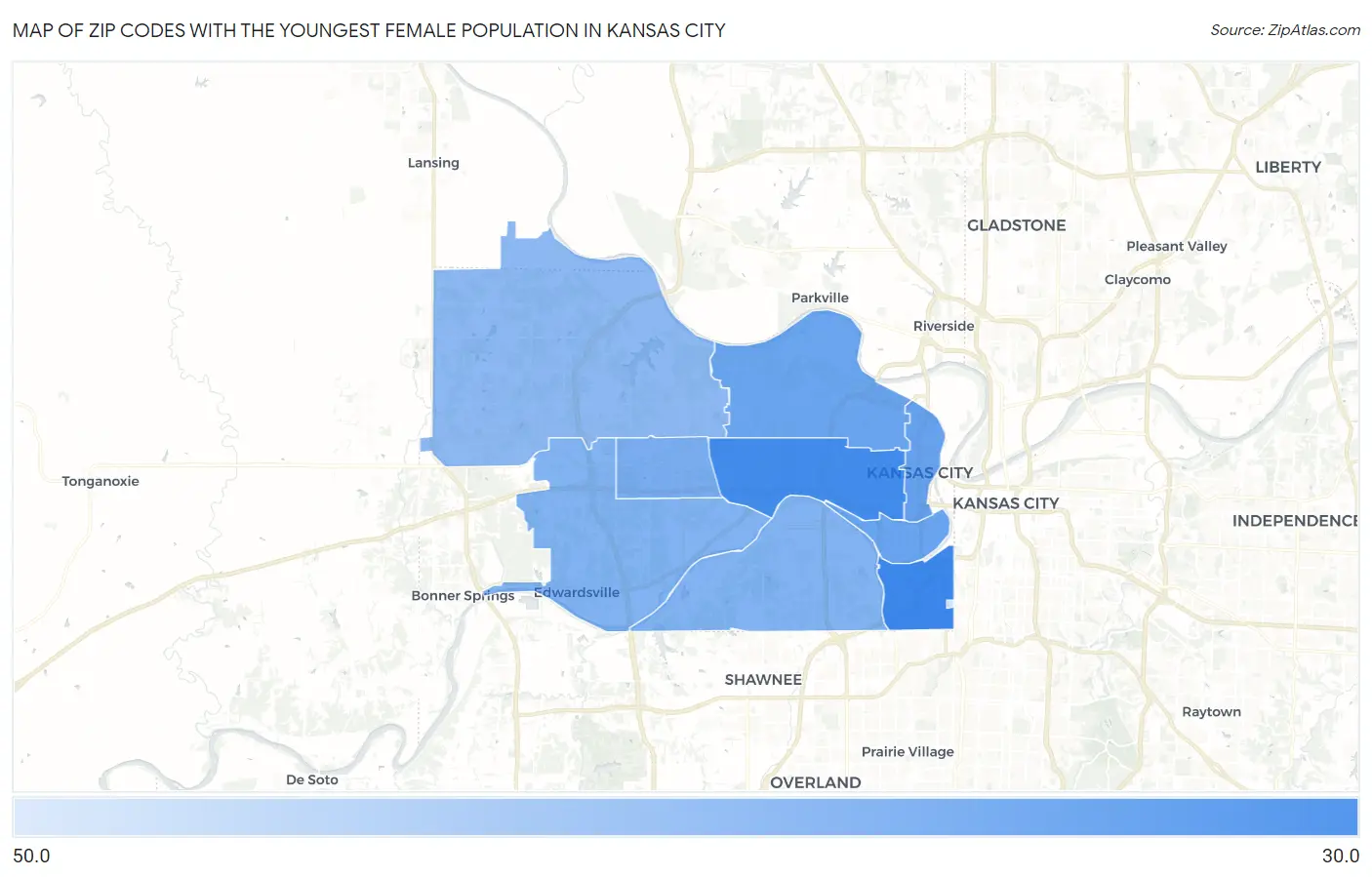 Zip Codes with the Youngest Female Population in Kansas City Map