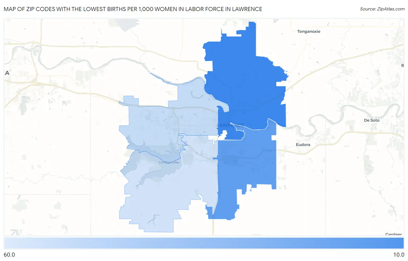 Zip Codes with the Lowest Births per 1,000 Women in Labor Force in Lawrence Map