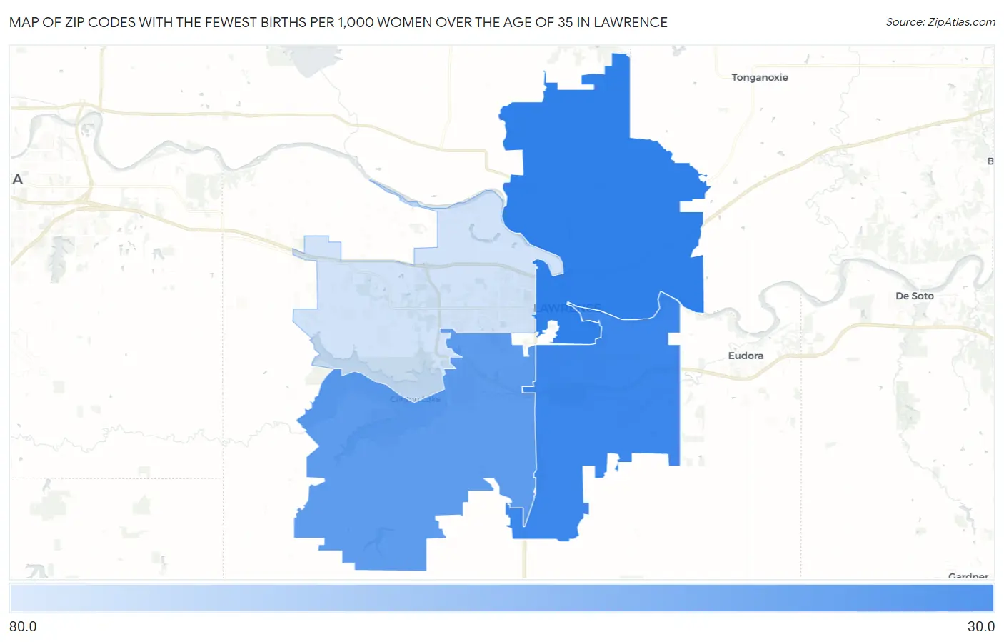 Zip Codes with the Fewest Births per 1,000 Women Over the Age of 35 in Lawrence Map