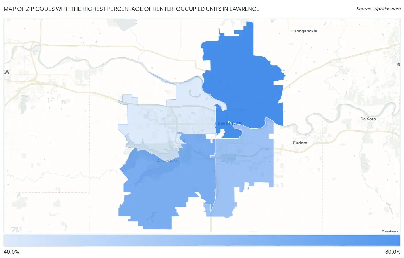 Zip Codes with the Highest Percentage of Renter-Occupied Units in Lawrence Map