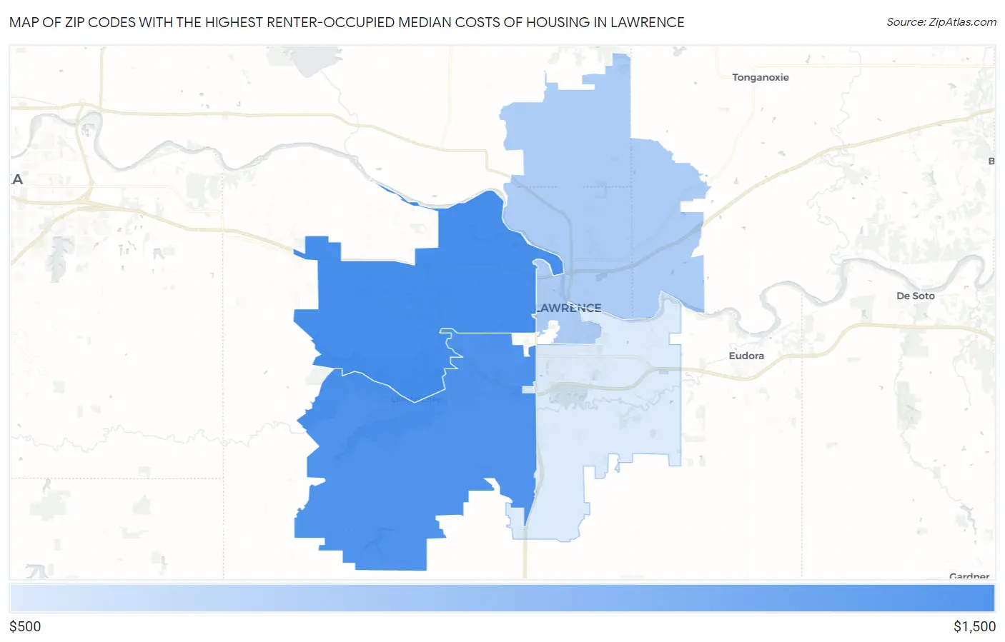 Zip Codes with the Highest Renter-Occupied Median Costs of Housing in Lawrence Map