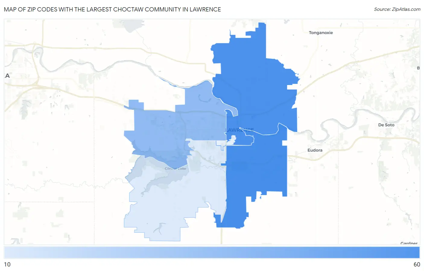 Zip Codes with the Largest Choctaw Community in Lawrence Map