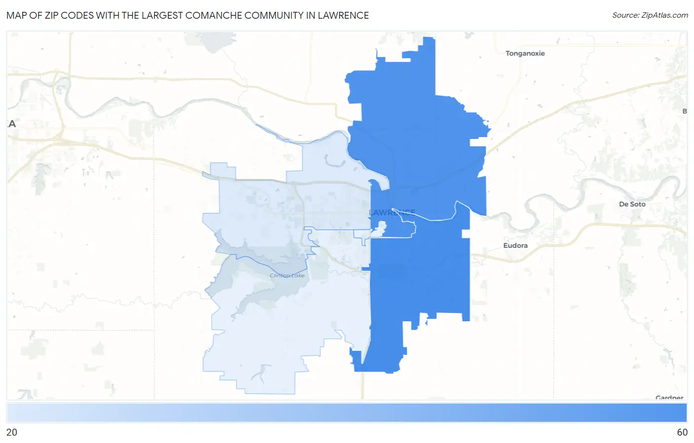 Zip Codes with the Largest Comanche Community in Lawrence Map