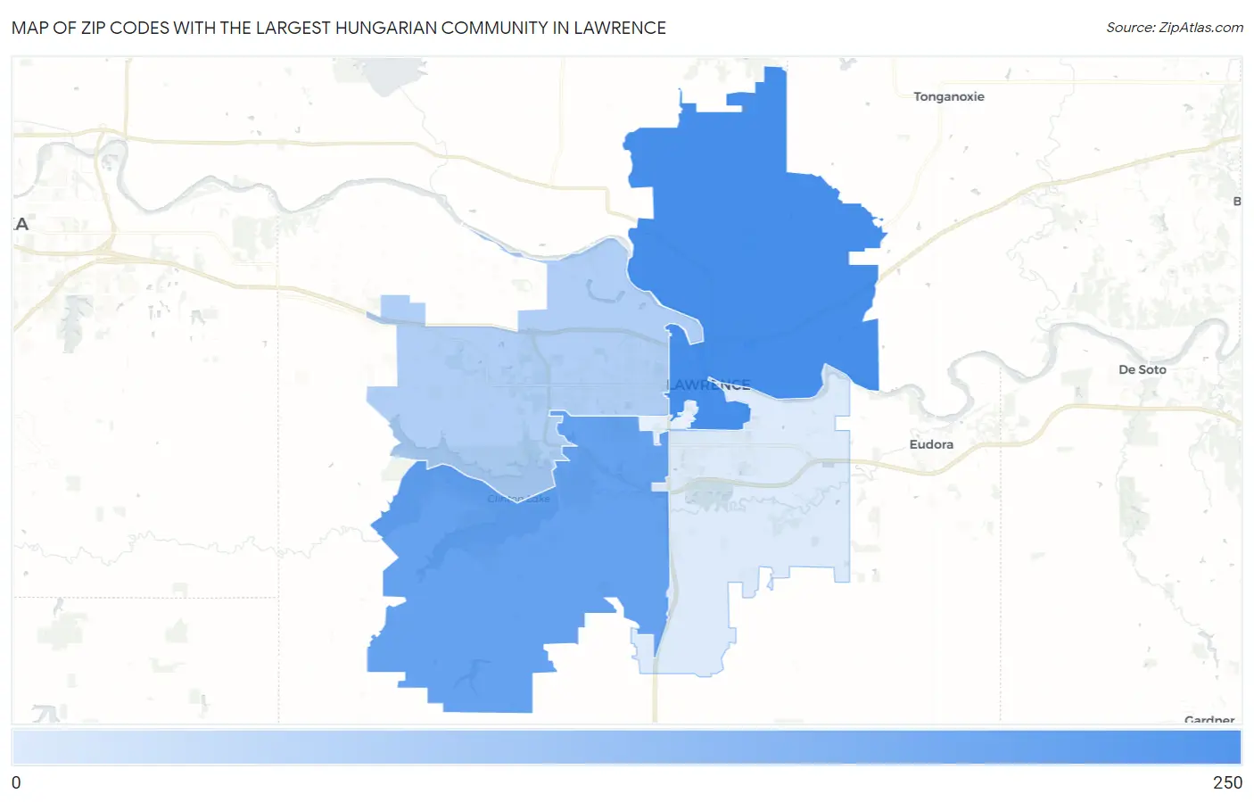 Zip Codes with the Largest Hungarian Community in Lawrence Map