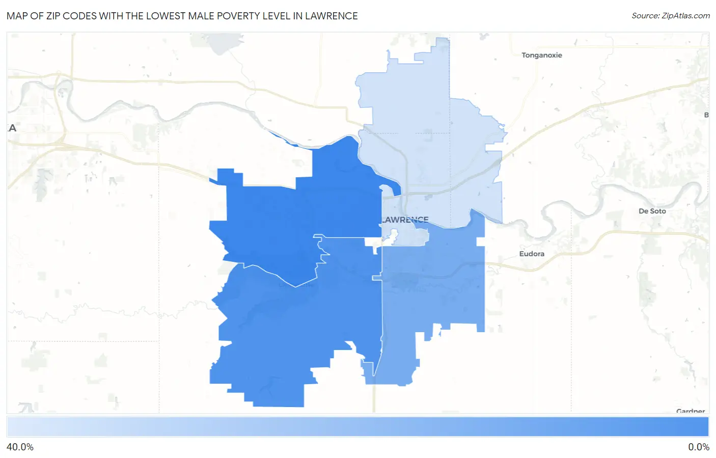 Zip Codes with the Lowest Male Poverty Level in Lawrence Map