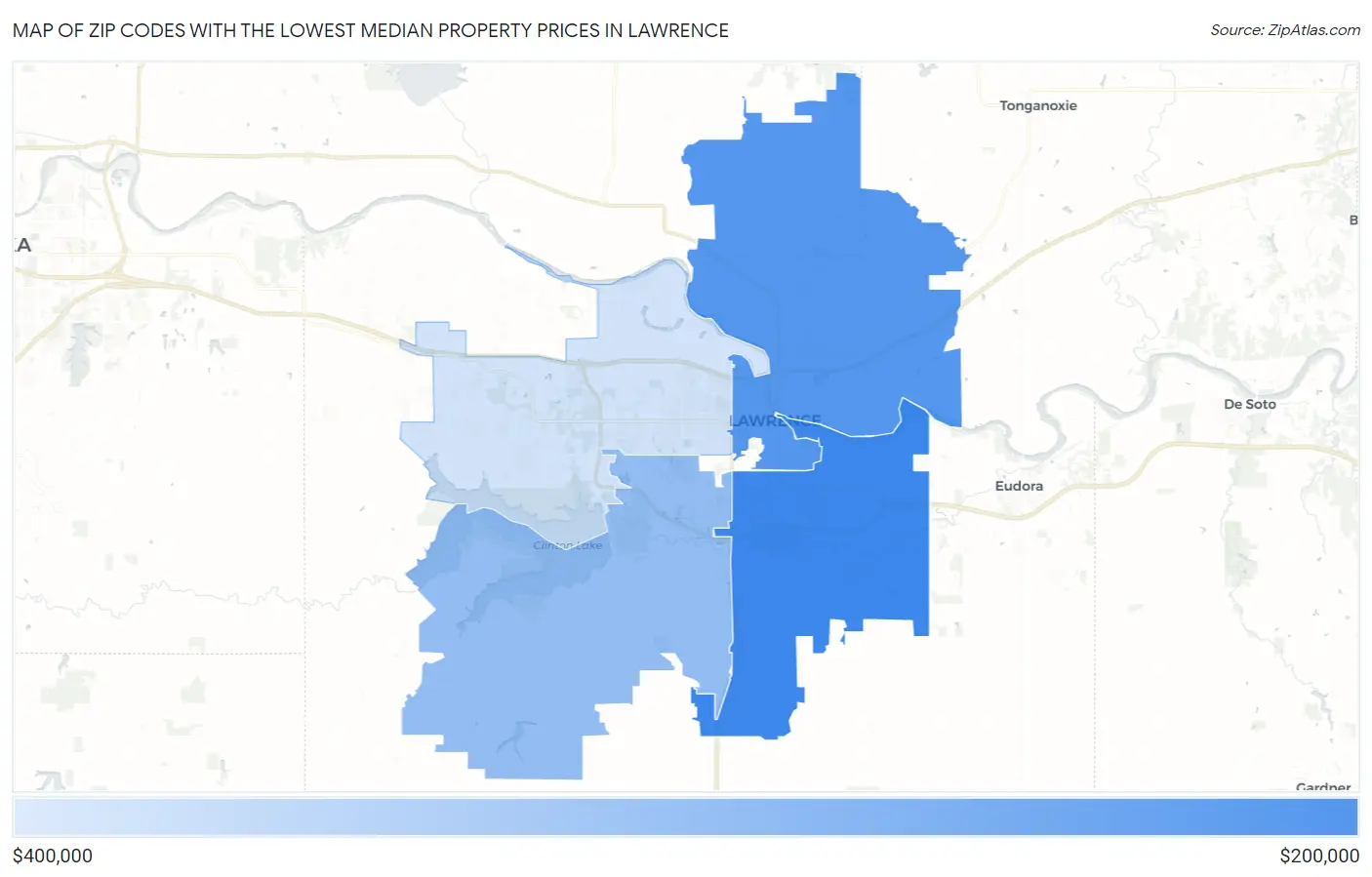 Zip Codes with the Lowest Median Property Prices in Lawrence Map