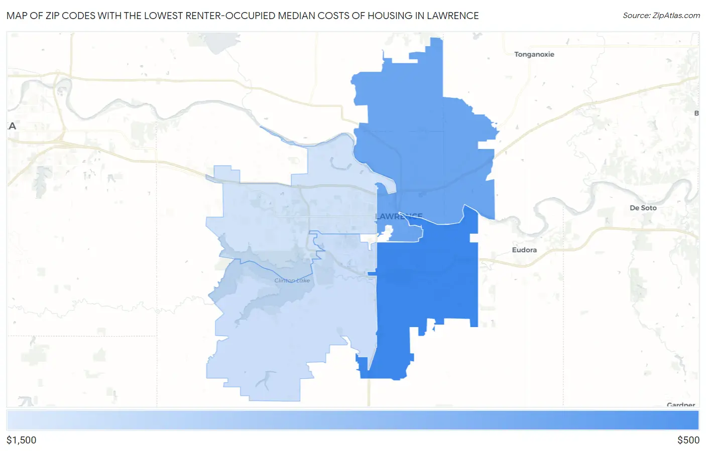Zip Codes with the Lowest Renter-Occupied Median Costs of Housing in Lawrence Map