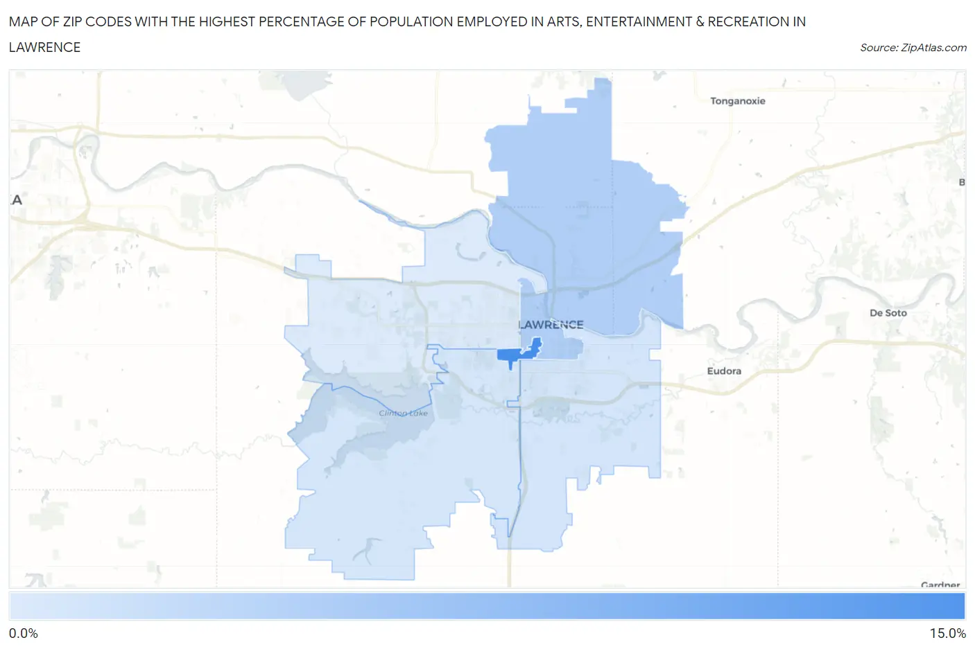 Zip Codes with the Highest Percentage of Population Employed in Arts, Entertainment & Recreation in Lawrence Map