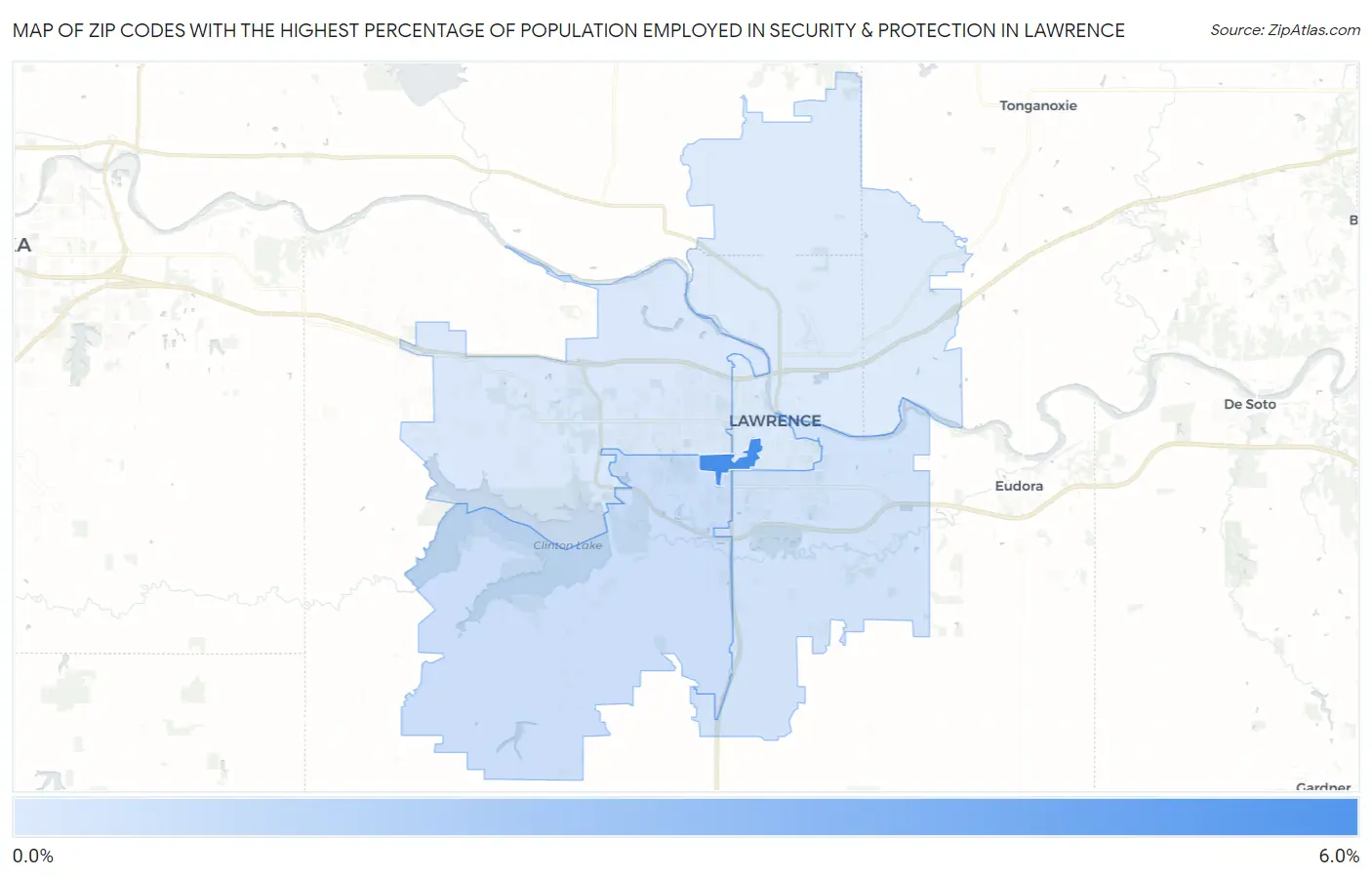 Zip Codes with the Highest Percentage of Population Employed in Security & Protection in Lawrence Map