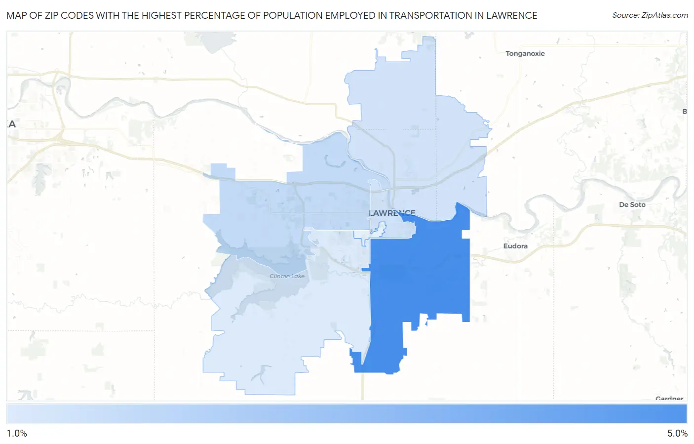 Zip Codes with the Highest Percentage of Population Employed in Transportation in Lawrence Map