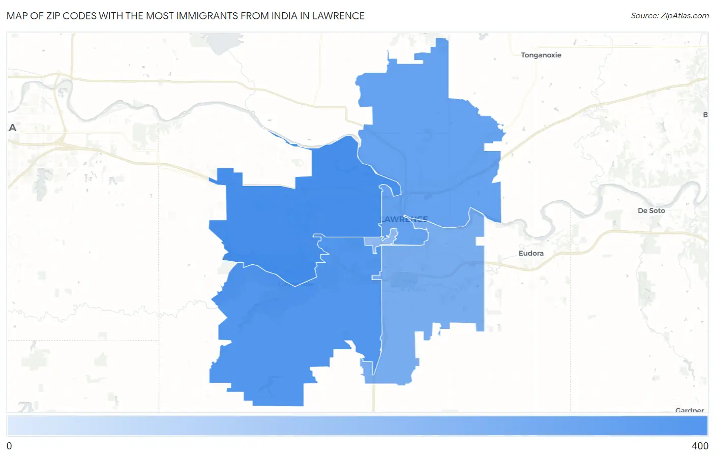 Zip Codes with the Most Immigrants from India in Lawrence Map